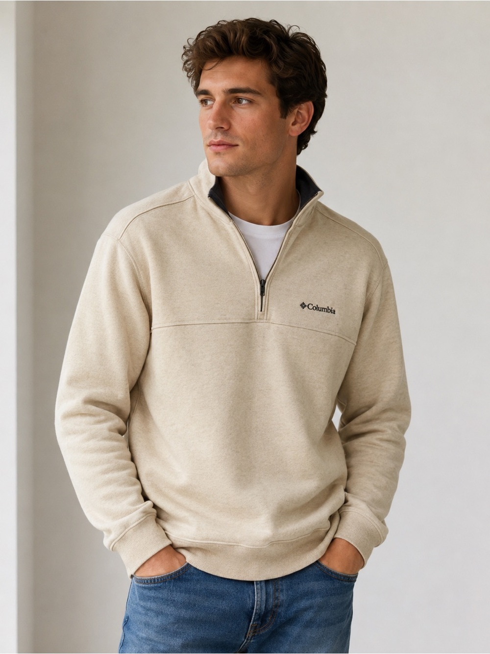 Columbia 1/4 Zip Pullover Men’s Small Cream Oatmeal Fleece Sweatshirt Minimal